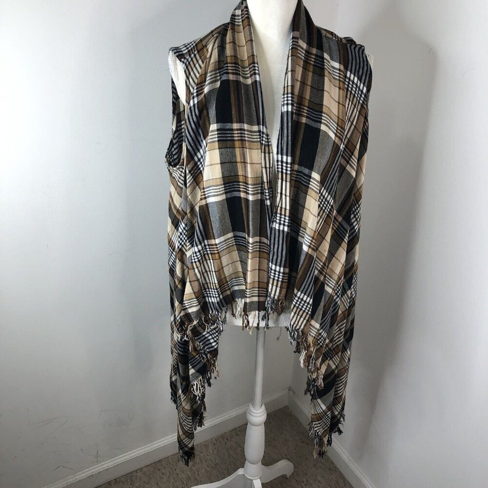 Cato Womens Sleeveless Open Front Top Size 18/20W Plaid Asymmetrical Fringes